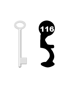 Buntbartschlüssel für Kastenschloss Nr. 116 (Abbildung von der Ringseite aus gesehen)
